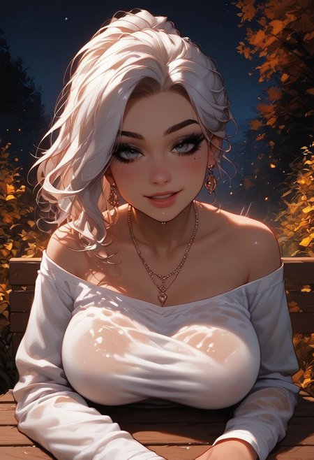 masterpiece, best quality, highly detailed, score_9, score_8_up, score_7_up, score_6_up, score_5_up, score_4_up, Expressive, ponytail, dark eyes, curvy body, wide hips, thick thighs, dust in the air, backlight, more lace on clothes, see through top, wet body, girl, tattoos, piercings, necklace, slanted eyes, black eyeliner and mascara, smokey eyes, long eyelashes, dark eyeshadow, curvy, sexy lips, solo, perfect face, perfect eyes, sexy, sexy girl, beautiful eyes, perfect cute face, seductive look, perfect hands, blush, dynamic angle, oiled skin, large breasts, colorful flowers, white hair, pose, focus on face, eyes locked on the viewer, outdoor, riverside bar, at night, night, autumn, visible check, collarbones, messy hair 
BREAK
visible shoulders
BREAK 
upper body, looking at viewer, natrual breasts, motion lines, motion blur, open mouth, heavy breathing, flirty, flirty smile, head laying on table, arms crossed under head, sitting at picnic bench table,