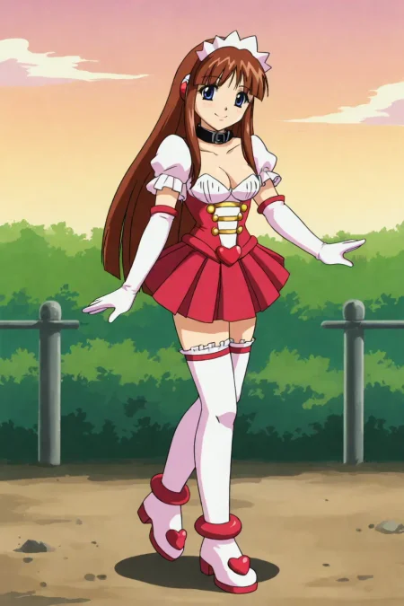 score_9, best, masterpiece, uncensored,
1girl, solo, slight smile,
FamiresSenshiPannaCotta, red pleated miniskirt,  white elbow gloves with red accents and pink heart on sleeve, frilled white thighhighs with red accents, underbust corset, magical girl, maid headdress, robot ears, black belt collar with white frills, white with red accents ankle boots with pink heart, white frilled puffy short sleeves, front waist heart accessory,
<lora:FamiresSenshiPuddingKitamoriNakoPannaCotta_V2:0.8>​​​