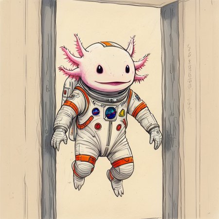 (extremely poorly drawn simple crayon drawing:1.4) 2d, <lora:axomodel2:1>    axomodel2, Axolotl wearing a space suit in a rocket ship, floating but bumping into the walls ,
