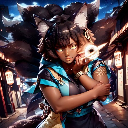 (score_9), score_8_up, score_7_up, 
anime
1girl, full body,
(dark brown skin, beautiful, black hair, curly hair (large round afro: 1.4), (((Kitsune)), Fox ears, ((fox tail)), large tail, (nine tails), (multiple tails), saddle brown tails:1.2, black fur tips: 1.6), (yellow eyes, slit pupils: 1.4), (glowing eyes: 0.8), eyesHD, high definition eyes, teeth with fangs, black claws, 
tattoo, hood, jewelry, bracelet, sleeveless, hoodie, 
(gigantic breasts, round breasts, huge ass, sexy, thick thighs), top heavy, black lipstick, silver jewelry, evil grin, sexy, (black hole in hand), holding black hole, handfixer, 
blue flames
Alleyway, night, event horizon, gravitational lensing