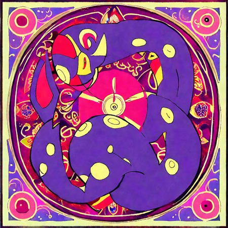 score_9, score_8_up, score_7_up, colored Mandala style, medium stylized pattern, (deep_purple base, black, red, and gold details), (glowing_golden_elements:1.2), Seviper, serpentine, vertical_figure_eight_pattern, intricate_design, symmetrical, traditional_mandala, luminous, mystical, highly_detailed, geometric_patterns, harmonious_composition, masterpiece, balanced,  artistic, reverence, best quality, absurdres, highly detailed,
