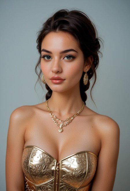 score_9, score_8_up, score_7_up, score_6_up, realistic lighting, photo, photorealistic, amazing depth,
1girl, 30 years old , a woman in a traditional Indian transparent saree with a modern twist. The saree is draped in soft, shimmering fabric, paired with a structured gold corset-style blouse, adding a contemporary flair. She is adorned with gold jewelry, including a choker necklace, large traditional earrings, and several bangles. Her long  black braid, decorated with gold embellishments, adds a regal touch to the look.
Her makeup is minimal, with defined eyes and neutral-toned lips. Delicate beads around her eyebrows add an artistic detail, while a nose ring ties in traditional elements. A tattoo on her collarbone adds a personal, modern aesthetic.
The background is neutral, drawing attention to the subject. Soft, diffused lighting enhances the textures of her ((saree)) and accessories. Her calm expression and graceful posture, with hands crossed, exude elegance. This image blends tradition and modernity, highlighting Indian cultural aesthetics with a fashion-forward edge
Expressiveh,bad-picture-chill-75v,CyberRealistic_Negative,perfecteyes
