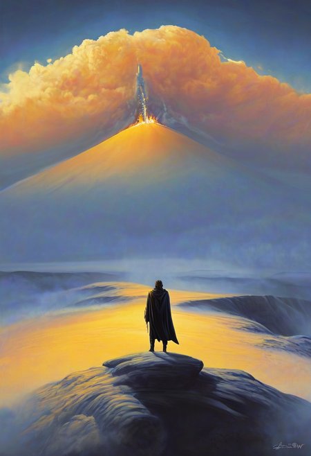 <lora:Storybook_V1.1:.7> sbfte, 1woman, blonde hair, the grim reaper, facing away, rocky hill, standing, robe blowing in the wind, clouds, sky, sunset, visible night sky, stars, cosmic, in meditation, ultra detailed landscape, bright yellow, energy surrounding surrounding him, volumetric lighting, ultra detailed clothes, ultra detailed body, ultra detailed hair, a city made of blue crystals is on fire in the distance, serenity, low-key,
by Natalia Rak and Barclay Shaw in the style of Jessica Rossier,  <lora:EnvyAnimeWatercolorXL02:0.60> ,   Elmore_Style_LX <lora:Elmore_Style_LX-000011:0.60>