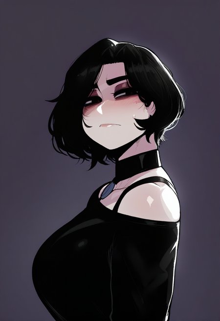 krekkov, masterpiece, best quality, high quality, absurdres, 

portrait, solo, doomer girl, (pale skin), black hair, black shirt, 