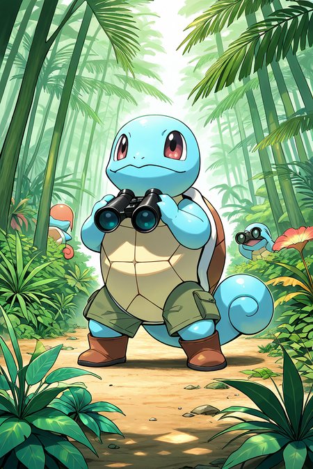 masterpiece, best quality,   <lora:SquirtlePokedexIXL:1.0>,   zzSquirtle,   Cargo shorts, jungle boots, backpacks, binoculars, tropical plants, thick trees, wild animals, hot and humid environment, adventurerâs attitude