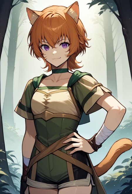 score_9, score_8_up, score_7_up, source_anime BREAK 1girl, solo, <lora:zs_FEEchoesPortraitsXL:1> echoesportraits, cowboy shot, solo, white background,lethe, cat tail, cat ears, whisker markings, purple eyes, short hair, shorts, short sleeves, hand on hip, smile
