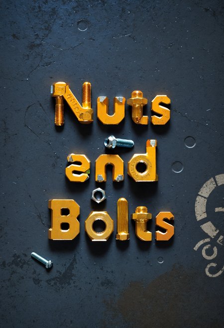 text "Nuts and Bolts" nuts and bolts style, on garage floor, concrete, full color, inspired, rich deep vivid colors, intricate, elegant, highly detailed, sharp focus, fine detail, striking beautiful, cinematic, great composition, innocent, scenic, attractive, artistic, thought driven, epic, stunning, creative,, cool, awesome, inspiring, amazing