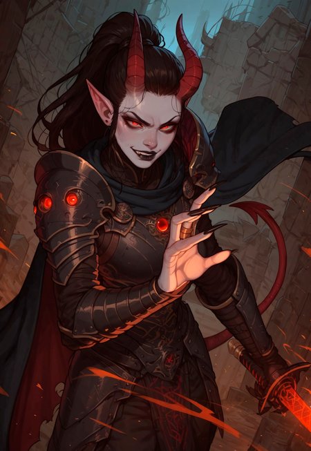 score_9, score_8_up, score_7_up, outdoors, rimlight, dark, solo, 1girl, demon girl, horns, black hair, ponytail, black lipstick, pale skin, grey skin, pointy ears, red eyes, red nose, long nails, black nails, black cape, armor, tail, slim fit, smirk, action pose, sword, action lines, foreshortening