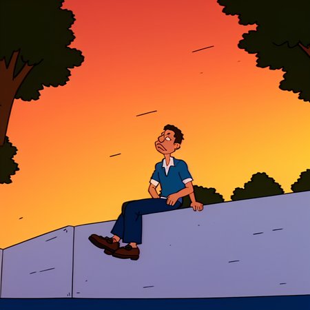 <lora:Randy_Carmichael_-_Rugrats_1992:0.95>randy_carmiichael, 1man, solo, male focus, sitting outside, sunset, <lora:LCM_SD15:1.0>