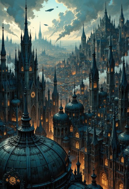 depicting a sprawling, fantastical cityscape with a steampunk aesthetic. The layout is a wide panoramic view showcasing a dense array of intricately designed buildings with pointed spires, domes, and elaborate architectural details. The structures are predominantly dark with hints of blue and bronze, creating a moody atmosphere. In the sky, several airships float among the clouds, adding to the steampunk theme. The city is bathed in a soft, diffused light, suggesting either dawn or dusk, with a warm glow emanating from windows and streetlights. Smoke rises from chimneys, contributing to the industrial feel. The foreground features a large, ornate dome with intricate patterns, while the background reveals a vast city stretching into the distance, with towering buildings silhouetted against the sky. The overall scene is rich in detail, evoking a sense of wonder and adventure.
