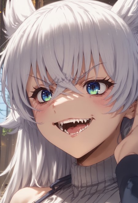 score_9, score_8_up, score_7_up, highres, high res image, masterpiece, 1girl, solo,detailed face, detailed eyes,  bangs, hair betweens eyes, crossed bangs,lv2fenrys, <lora:Lv2Fenrys>, large breats,fangs, anime style, angry smile,