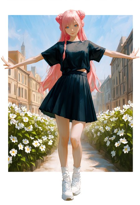 realistic textured painterly, 
(by lch, fugtrup:1.15), cinematic, nose, lips, 
 outside border, white border, border,
full body, 1girl, smile,  black shirt, black skirt, pleated skirt, short sleeves, blue eyes, pink hair, braid, braided bun, double bun,  closed mouth, very long hair, sneakers shoes,  white shoes, white socks,  spread arms, standing, looking at viewer, outstretched arms, 
blue background, day, building, blue sky, white flower, flower, outdoors,
very awa, best quality, highres, masterpiece,
<lora:nhl-002-nai:0.8>, nhl-002, <lora:nhl-001-20:0.6> , nhl-001,