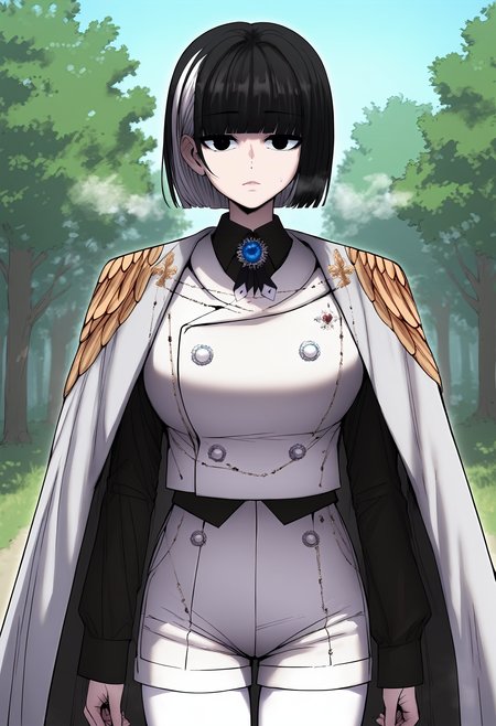 score_9, score_8_up, score_7_up, score_6_up, source_anime, rating_explicit, 1girl, (solo:1.2), huge breasts, <lora:Siaponyxl:1> black eyes, black hair, short hair, blunt bangs, multicolored hair, bob cut, white hair, streaked hair, white cape, brooch, gem, epaulettes, white vest, black shirt, long sleeves, collared shirt, buttons, short shorts, white shorts, white pantyhose, expressionless, Narrow shoulders, heavy breathing, steaming body, forest, outdoors, looking at viewer, close-up