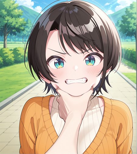 <lora:add-detail-xl:0.5>,,masterpiece,best quality,anime coloring,anime screenshot,
<lora:Cheek_Grabbing_Material:0.6>Cheek_Grabbing_Material, 
1girl,teeth,looking at viewer,
simple background,
Grabbing chin,
outdoors, 
oozora subaru, hololive, official art, 
20YO, milf,