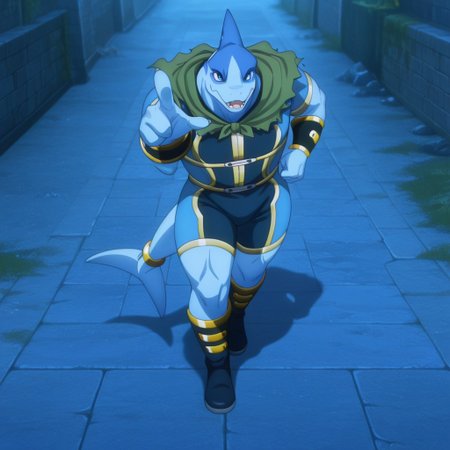 masterpiece, best quality, amazing quality, Arabaslfil, anthro, male, shark, blue skin, blue eyes,  gold trimmed blue bodysuit, gold armbands, gold trimmed dark blue bracers, gold trimmed dark blue boots, green capelet, gold tail ring, solo, outside,  1boy, solo, looking at viewer, pointing