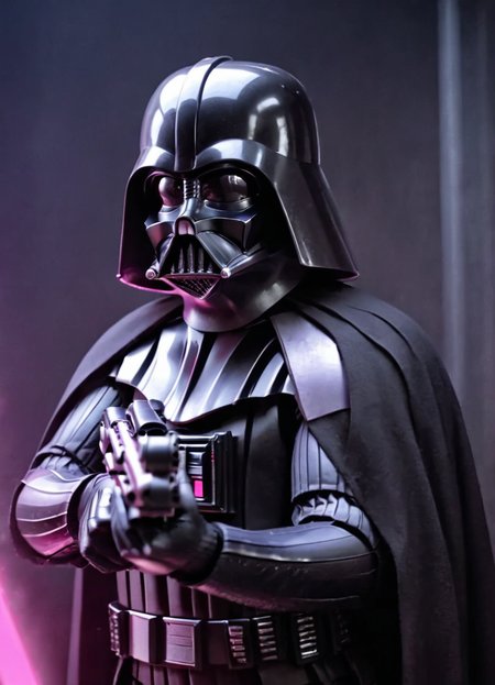 close-up portrait of darth vader holding a pink e11blstr rifle, cinematic, action-scene, dramatic light, at night,
 <lora:Blastech_E-11_Blaster_Rifle_-_Stormtrooper_Blaster_SDXL:1.2>