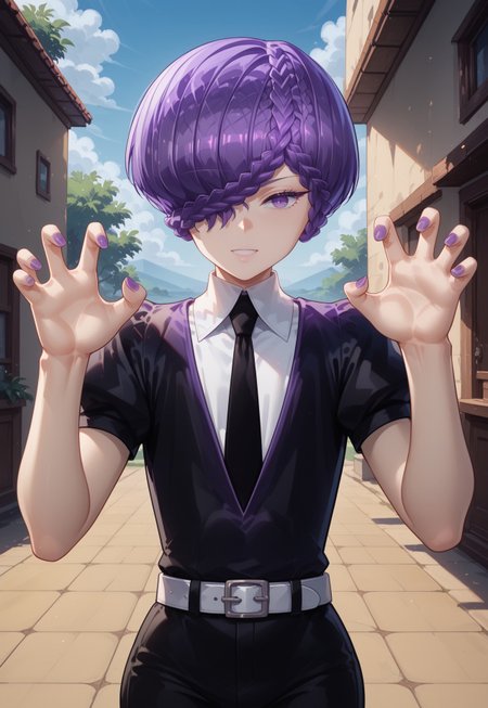 score_9, score_8_up, score_7_up,outdoors,  amethystxl12, androgynous, purple hair, short hair,braid,hair over one eye, purple eyes, claw pose, gem uniform (houseki no kuni),black jacket, white shirt, black necktie,white belt, puffy sleeves, short sleeves, black shorts, 