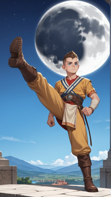 score_9, score_8_up, score_7_up, score_6_up, score_5_up, score_4_up, rating_safe, source_anime, anime style cartoon, source_cartoon, <lora:GoWRAtreusPDXL:1>GoWRAtreus, 12 y-o young boy, solo,  (Kick the Moon mid-air:1.5) in a plaza location.
Blue eyes and short brown buzzcut. GoWRAtreus is wearing a (yellow:0.5) tunic with leather details. Belts and straps crossing his body. (His waistcloth is red and blue:1.4). GoWRAtreus is wearing brown leather boots. His right arm is bare and has a tattoo. GoWRAtreus expression is Bored, A slack jaw, drooping eyelids, and a slightly uninterested gaze..