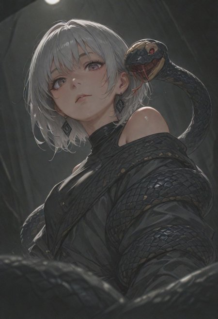 best quality, amazing quality, very  esthetic, newest, scenery, high-resolution, masterpiece, detailed eyes, perfect eyes, realistic eyes, depth of  field, low angle, bend backward,
1girl, solemn, confident, heterochromia, looking viewer ,solo ,silver hair, short hair, open shoulder, snake trimmed,  earrings,  jewelry, gloves,
bloom, snake style, volumetric lighting,  (fighting stance:0.7).