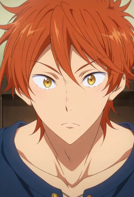 masterpiece, best quality, intricate details, anime screencap, anime coloring, official style, looking at viewer, 1boy, solo, male focus, <lora:momotarou_mikoshiba_ilxl:0.98>, momotarou_mikoshiba, orange hair, yellow eyes, ,