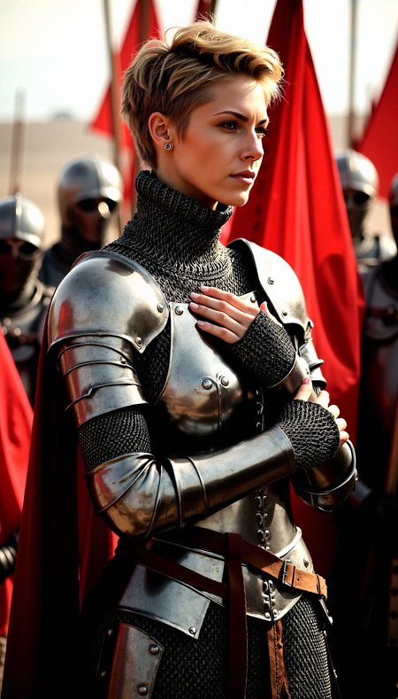 A striking commander 40-year-old woman with short, tousled blonde hair and piercing grey eyes. She wears a meticulously crafted chainmail that contours her muscular build and voluptuous figure. Her thin eyebrows and thicker lips give her an intense and captivating expression. She dons fingerless gauntlets, ready for action. The setting is a medieval fortress, with banners fluttering in the wind and the sound of clashing swords in the background. The lighting is dramatic, highlighting her strong features and the gleam of her chainmail.She is Positioned directly in front of a large, fluttering flag, with her hand over her heart, showing loyalty and patriotism.side profile

