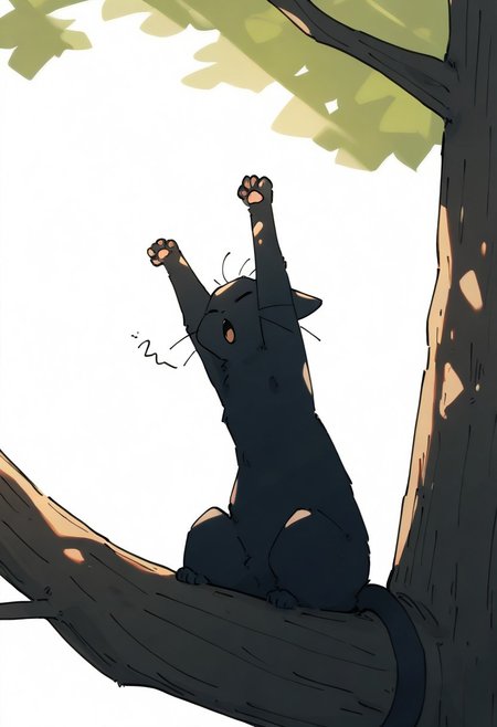 chii-kun \(seedyoulater\), naguru \(cyoroama\), 
very awa, masterpiece, highres, absurdres, newest, year 2024, year 2023, 
(cat:1.2), black cat, (no humans:1.1), scared, paws, fur, (cute:1.2), comfy, solo, stretching, yawning,
tree branches, OO,
day, sunlight, sunrays, 
<lora:TA_trained:0.75>, <lora:ponyv4_noob1_2_adamW-000017:0.33>, <lora:shiroski:0.75>,