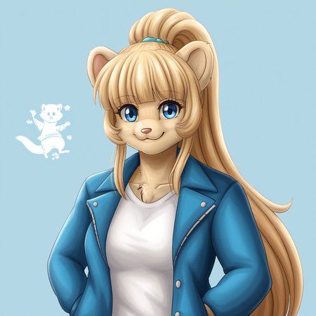 1girl, winry rockbell, by kodoto, furry, furry female, weasel girl, blonde hair, blue background, blue eyes, happy, jacket, long hair, looking at viewer, ponytail, shirt, smile, solo, white shirt,