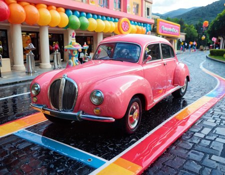 	a pink latex citroen ds car, blue latex tires
on a colorful latex road , latex character, latex cloud, fountain, square