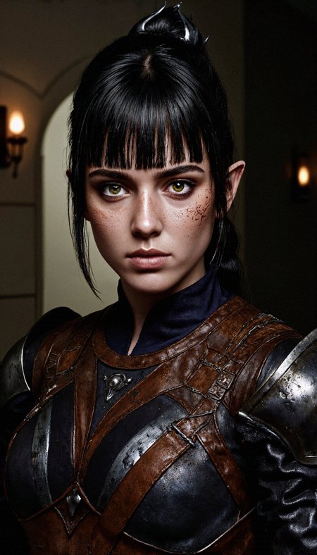 A highly detailed portrait of Sh4d0wh34rt, her expression intense and commanding. Her face is marked with streaks of blood, some dripping onto her neck, adding to her battle-hardened and ruthless appearance. She is wearing dark, weathered leather armor that shows signs of wear and dirt from countless encounters.

The background is a dimly lit stone corridor, its walls rough and ancient, evoking the atmosphere of a dungeon or a fortress. Flickering torches mounted on the walls cast a faint, uneven light, creating dramatic shadows across her sharp features and the textured surfaces of her armor. The composition is intimate, capturing every detail of her face, from the smudges of dirt and blood to the cold intensity of her gaze. The lighting emphasizes the contrast between her dark armor and the warm glow of the torches, enhancing the mood of the scene.

The image is shot using a high-end DSLR or mirrorless camera, such as a Canon EOS R5 or Nikon Z8, with a 50mm f/1.2 lens for shallow depth of field. The focus is razor-sharp on her face, with a soft bokeh effect blurring the background, drawing the viewer’s attention to her haunting and powerful presence.
