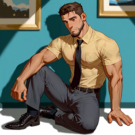 <lora:Dr._James_Possible_Kim_Possible-000008:.7> 1boy, male, male focus, solo, mature, brown hair, short hair, black eyes, yellow shirt, black tie, collared shirt, belt, grey pants, black shoes, hairy chest, bara, muscular, large pectorals, large biceps
(very short hair, beard, bara, mature, facial hair, stubble, beard, full beard, sideburn, beard, a lot of beard, ), facial hair,male focus, muscular male, muscular male, bara, mature,  bara, mature, aixiwuganda_(20222192), very awa, masterpiece, best quality, absurdres, newest, perfect quality, detailed background, intricate details,
<lora:slider_Body Type_alpha1.0_rank4_noxattn_last:3><lora:style_Anime Summer Days 2 Style SDXL_LoRA_Pony Diffusion V6 XL:.6><lora:slider_cfg_scale_boost:.7><lora:face_Artist6p-10:.55>, Artist6p, Artist04p,<lora:slider_il_brightness_slider_d1:-1><lora:slider_il_contrast_slider_d1:-1><lora:slider_DarkSlider1.2_alpha1.0_rank16_full_300steps:-.6>