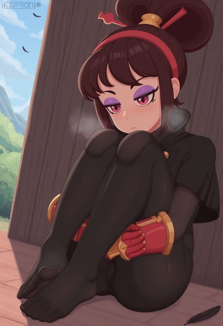 bluefrok,  outdoors, undershirt, falling feathers, black bodysuit, hair stick, hugging own legs, , gauntlets,   eyeshadow,   red gloves,  high ponytail,  , black capelet, red hairband, pink eyes, 1girl, solo, feet, visible breath,   dynamic angle, foreshortening, smell, steam,