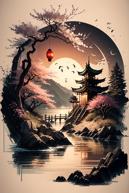 <lora:Calligraphy-ink-style-darquelilly-v1:1> calligraphyinkstyle, Asian wishing lanterns in the night sky, cherry blossom trees, a beach by the sea, volumetric lighting, night time, moonlight rfelected in the water, black background, peacful atmosphere