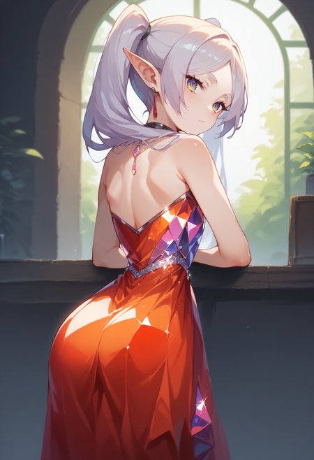 score_9, score_8_up, score_7_up, score_6_up, source anime,
nereirfpnxl, frieren, pointy ears, elf, red earrings, twintails,
crystalline dress, bare shoulders, looking at viewer, from behind, hip vent,
volumetric lighting, low key, high contrast, dark room, furniture, indoors, vivid color, window,
masterpeice, best quality, very aesthetic, absurdres
<lora:frieren_nereirfpnxl_pony_v2:0.8>
 <lora:crystalline_dress-PD-1.0:1>