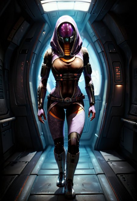 Tali Zorah, 1girl, solo, from below, walking away, wide hips, round ass, full body view, sci-fi spaceship interior background (cinematic color grading lighting vintage realistic film grain scratches celluloid analog cool shadows warm highlights soft focus actor directed cinematography technicolor :1.3)