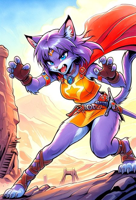 masterpiece, best quality, amazing quality, very aesthetic, absurdres, newest, glorffl3, sfxm, 1girl, anthro, purple cat, cat ears, cat tail, paws, claws, fluffy, fluffy fur, body fur, medium purple hair, gold circlet, blue eyes, armband, orange crop top, red cape, orange miniskirt, belt, sheathed sword, slide slit, brown fingerless gloves, action pose, ruins, desert, open mouth, fangs, claw pose,