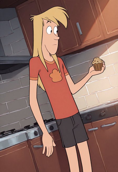 masterpiece, best quality, amazing quality, detailed background, intricate details, dynamic, cinematic, animated, anime realistic shading, solo, male focus, 1boy, handsome, robbi3, le3, blonde hair, long hair, black eyes, red shirt, black shorts, male focus, kitchen background, dutch angle, muffin, holding