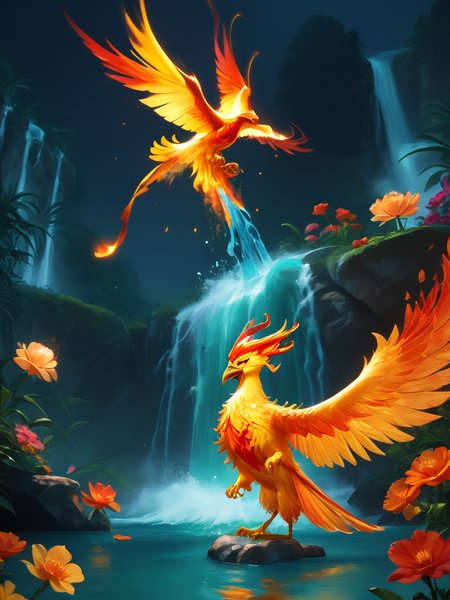 ((score_9)), score_8_up. score_8, fire (fiery phoenix:1.6) flying over a crystal clear waterfall, (firebird:1.3)  <lora:fire:0.8> firemode, source_anime, ((masterpiece)), ((best quality)), 8k,  <lora:Expressive_H:1> , zPDXL, Expressiveh, splashing water, at night, colorful flowers, sharp focus, hyperrealistic, photorealistic