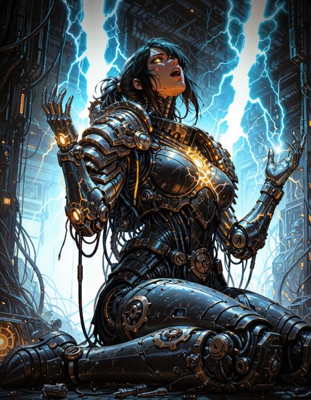 masterpiece, best quality,high quality, newest, highres,8K,HDR,absurdres, solo, sitting, 1girl, glowing, wariza, iLLFerrusM40k, armor, metallic arms, science fiction, on floor, electricity, cable, joints, damaged, mechanical parts, wire, screw, bolt, Countless lightning, electric shock, open mouth, Open five fingers,hands up, Bent back, Low Angle, <lora:iLLFerrusM40k:1> <lora:iLLMythM4gicalL1nes:0.8> M4gicalL1nes