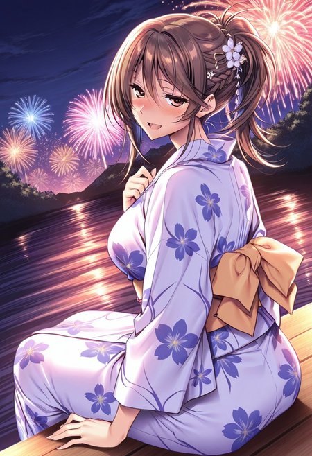general,highres, ultra-detailed,very aesthetic,best quality ,best hands,masterpiece, best quality, newest, highres, score_9, score_8_up, score_7_up, source_anime, rating_explicit,1girl, yokota mamoru style,motion lines,Very straight nose，slim,slender face,perfect nose,torogao,seductive smile,looking at the viewer
Ichinose Honami,Brown hair, hair Parted to Side, Sidehair, Spiky Bangs, Waist Length hair,long hair,amber eyes,slim
1girl, japanese clothes, fireworks, kimono, brown hair, long hair, solo, hair ornament, ponytail, yukata, outdoors, blush, night, brown eyes, open mouth, floral print, sash, smile, obi, sitting, water, bangs, braid, looking back