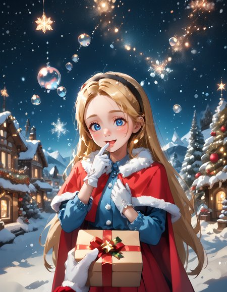 score_9, score_8_up, score_8_up, disney pixar style, magicalchristmas, cute, cute face, (bubbles:1.2) (five fingers:1.3), (sparkles:1.2), floating bubbles, JasmineWaifu, jewelry, very long hair, christmas, fur trim, (red capelet:1.2), fur-trimmed dress, AliceWaifu, adult, small nose, (blonde hair:1.2), blue eyes, (black hairband:1.2), long sleeves, (white gloves:1.2), upper body, close up, finger to mouth, (covering mouth:1.1), (hand to chest:1.5), PovGifting, (pov hands:1.4), holding gift, big gift box, perfect composition, shy, cheerful, wide smile, half closed eyes, open mouth, upper teeth, looking at viewer, detailed eyes, high detail, best quality, highly detailed, award-winning, professional, zPDXL3, outdoors, (snow:1), (stars:1.3), snowflakes:1.3)
