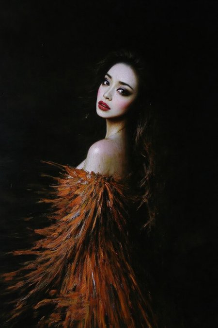 talo1 painting.
a close-up back view of a woman, turning her head side ways.  She is adorned with a white face and red lipstick. The woman's eyes are adorned with black eye liner, adding a touch of contrast to her white skin. Her hair is cascading down her shoulders, framing her face. She is wearing a long, flowing dress, adorned in a vibrant orange and white pattern. Her dress is adorned with long, dark brown feathers, adding depth to the composition. The background is a dark, ominous looking space.
 <lora:talo1_cap_d6a3e15:1.0><lora:828767399504495157:0>