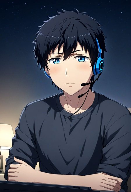 high resolution, solo, best quality, 1Boy, Arata Kaizaki, Black Hair, Blue Eyes, gamer, bedroom, night, pc, sit, headset, portraits, OverallDetail