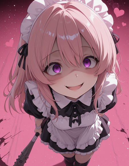 [Base Prompt] 1girl, CivChan, from above, stepping, holding baseball bat, lens flare, hearts, simple pink background, yandere, sinister, masterpiece, best quality, amazing detail, high definition // [Regional Prompting] [Region 1] soft focus, CivChan, purple eyes, pink hair, yandere, maid outfit, grinning, black thighhighs, [Region 2] destroyed robot, blue robot, wires, android, spiked baseball bat,