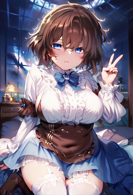 score_9, score_8_up, score_7_up, source anime,
masterpiece, best quality, detailed, amazing quality,
detailed background, bedroom,
detailed eyes, clean eyes,
dynamic pose, V,
solo, 1woman, woman,
easynegative, 
M-Da_S-Tarou, 
slutty_m3l0dy, pale skin, short hair, blue eyes, dark brown hair, messy hair, curvy, chubby, big breasts, bow, frilly, cute, headbow, ribbon, cute dress, stockings