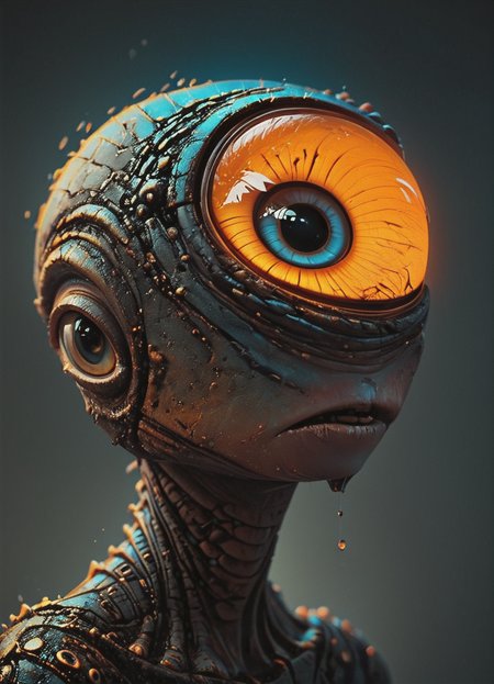 cinematic photo big eyed alien, in the style of textured illustrations, dark gray and bronze, online sculpture, naoto hattori, jeremy lipking, dark sky-blue and orange  neon glitch <lora:GigerRainbowXL:0.49> g1h3r <lora:MJ52:0.7>  <lora:Retro_Ink_SDXL:0.38> retro ink <lora:sss:0.8> <lora:Niji_glitch__neon_aesthetic:0.8> <lora:linquivera:0.38> linquivera, liiv1 <lora:Melting_world:0.36>, subsurface scattering, Photorealistic, Hyperrealistic, analog style, realistic, film photography, soft lighting, heavy shadow, 35mm photograph, film, professional, 4k, highly detailed