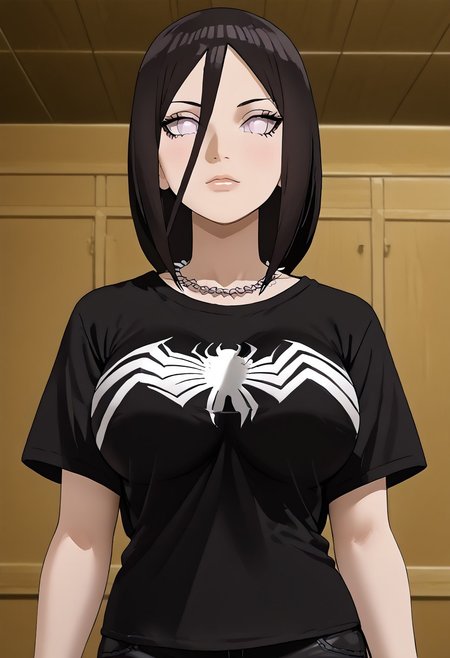 score_9, score_8_up, score_7_up, score_6_up, source_anime,rating_explecit,anime coloring, 1girl ,   details, <lora:Expressive_H:1>   <lora:She Venom LoCon:1> she venom, black detailed t-shirt, full black clothes, black t-shirt, big symbols spider , perfect symbols spider, big logo spider white on T-shirt, short T-shirt, short pants,black necklace, spiked necklace,gothic girl,<lora:Symbiote:0.6>,large breast,solo, 1girl, <lora:hanabi-hyuuga-boruto-anime-ponyxl-lora-nochekaiser:1>, hanabi hyuuga, long hair, black hair, hair between eyes, Goth girl 1girl,perfectly round breasts, biggest breast,