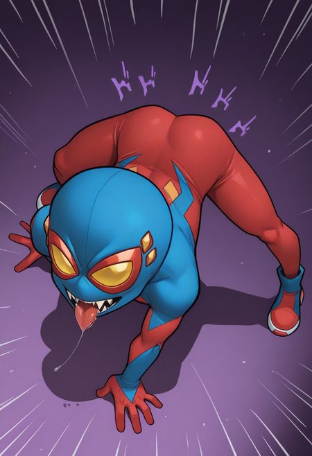 1boy, male focus, cute boy, BaileyBriggs, Mask, Yellow Eyes, Spiderboy Costume, Two-tone Bodysuit, Red Bodysuit, Blue Bodysuit, fangs, tongue, saliva, menacing, cinematic, intricately detailed illustration, depth of field, masterpiece, best quality, amazing quality, very aesthetic, absurdres, newest, very awa, shadow, dynamic angle, casual cosplay, dynamic pose,  action pose,