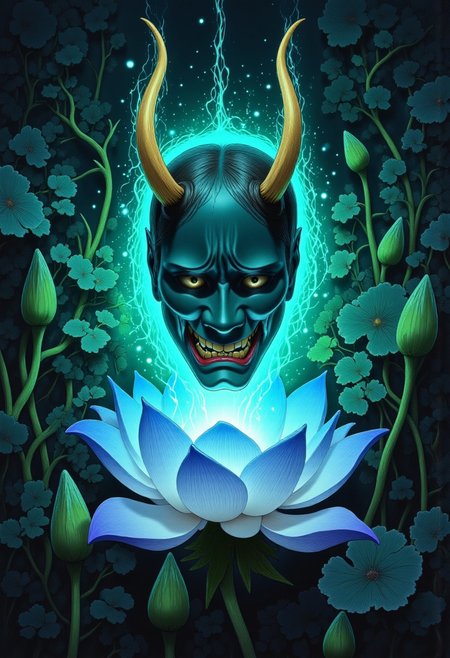 Studio Ghibli Dark Fairytale depicting a cursed hannya mask with horns and fangs blooming out of a blue lotus in a liminal bonsai garden with eerie radiating cyan and green miasma