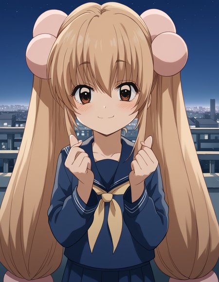 score_9, score_8_up, score_7_up, source_anime, <lora:rin-kokonoe-s1-ponyxl-lora-nochekaiser:1>, rin kokonoe, long hair, brown hair, hair ornament, twintails, brown eyes, very long hair, hair bobbles,, school uniform, serafuku, long sleeves,, city skyline, rooftop view, night time, city lights, quiet reflection, smile, <lora:finger-heart-ponyxl-lora-nochekaiser:1>, finger heart, heart, blush, smile,, looking at viewer, solo,, dutch angle, cowboy shot