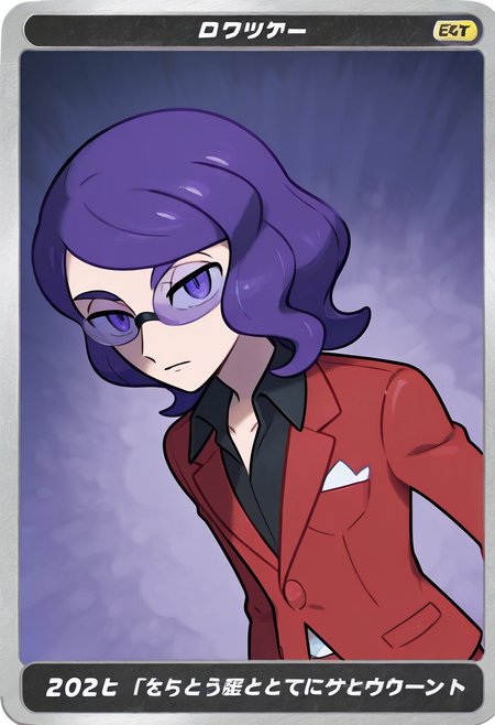 1boy,Lucian (Pokemon), male focus, wavy hair,purple hair, purple eyes, Medium Hair,glasses, tinted eyewear, formal, black shirt, collared shirt, red jacket, red pants,Upper Body,Droopy eyes,
20-year-old,
in Take style
Pokemon TCG